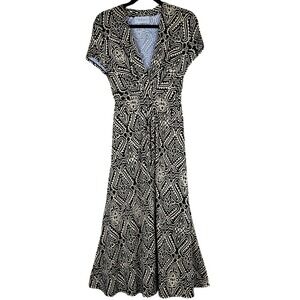 Chelsea Suite Maxi Dress 14 Black Beige Geometric Print Short Sleeve